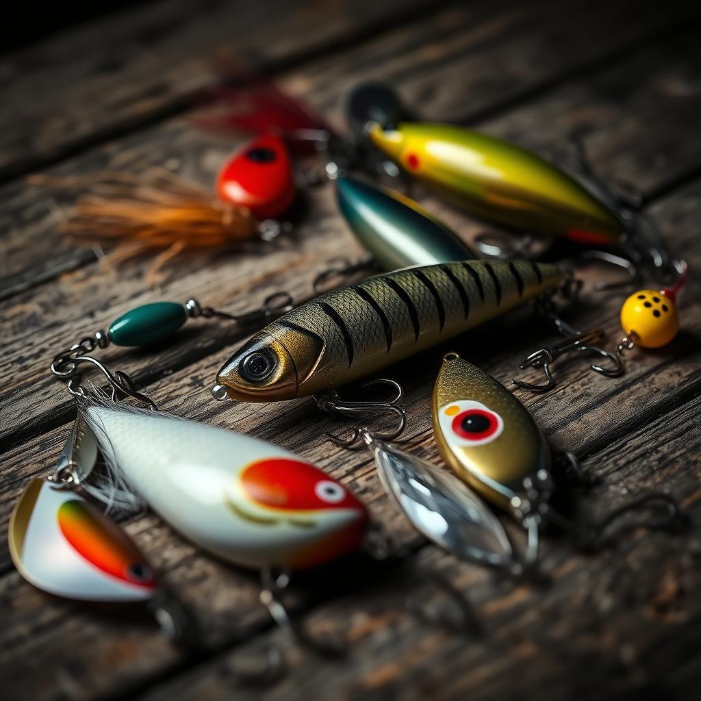 British pike lures laid out on weathered wood