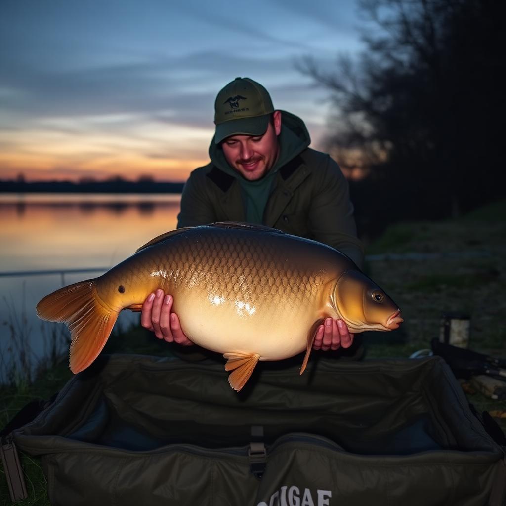 Angler holding a large mirror carp at dusk beside an English lake